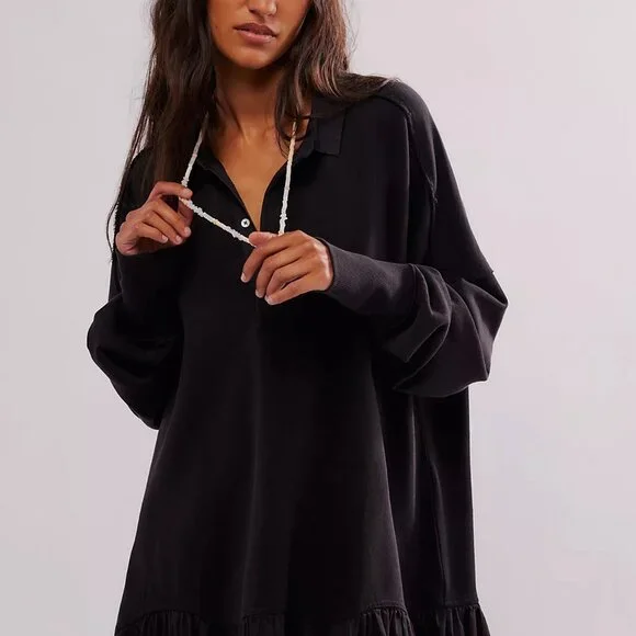 Free People Olivia Sweatshirt Top Collared Oversized Cotton Slouchy S 274371